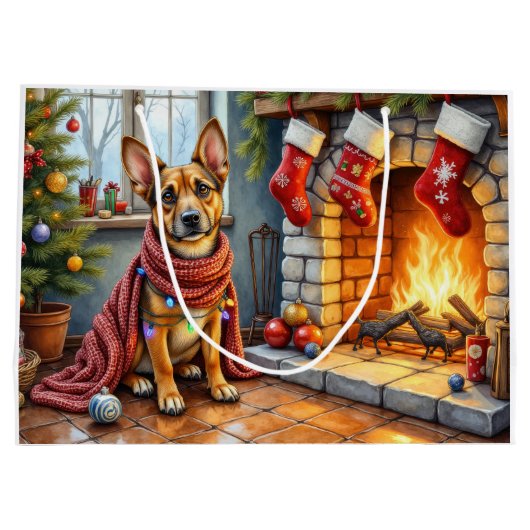Belgian Malinois Fireplace with Christmas Lights Groot Cadeauzakje (Achterkant)