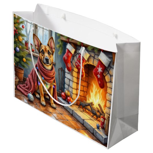 Belgian Malinois Fireplace with Christmas Lights Groot Cadeauzakje (Achterkant Gekanteld)