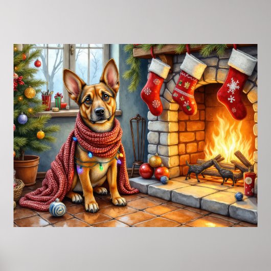 Belgian Malinois Fireplace with Christmas Lights Poster (Voorkant)