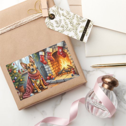 Belgian Malinois Fireplace with Christmas Lights Rechthoekige Sticker (Geschenken)