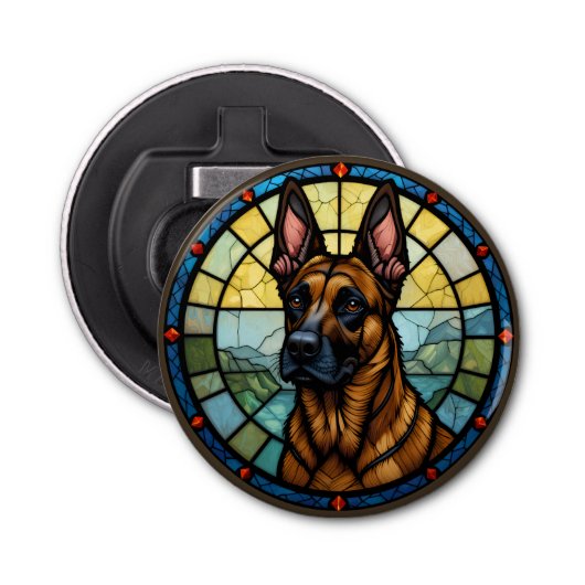 Belgian Malinois Glas in lood Style Illustration Button Flesopener (Voorkant)