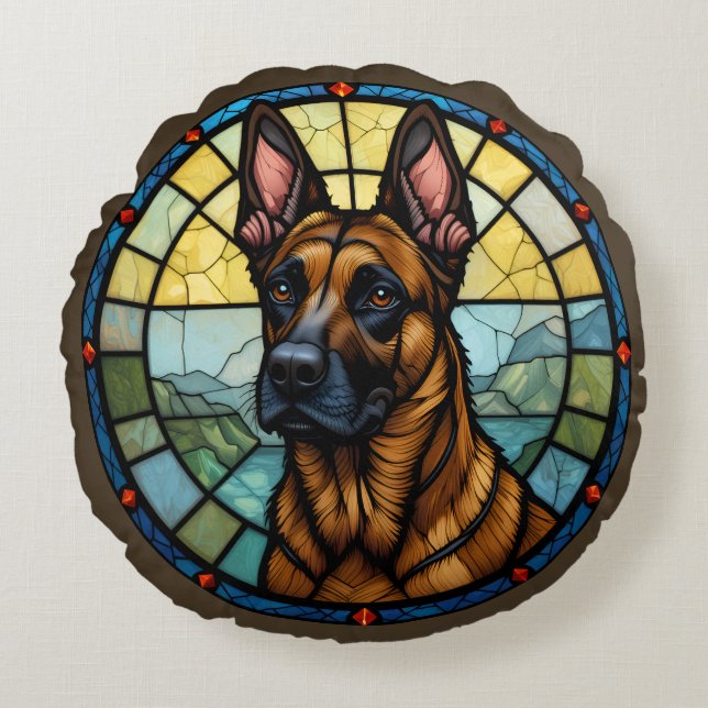 Belgian Malinois Glas in lood Style Illustration Rond Kussen (Voorkant)