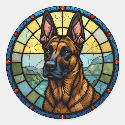 Belgian Malinois Glas in lood Style Illustration Ronde Sticker (Voorkant)