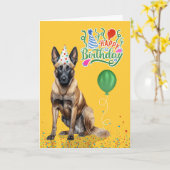 Belgian Malinois in Party Hat on Yellow Birthday Kaart (Gele Bloem)