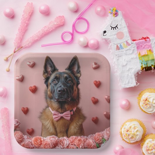 Belgian Malinois met Rozen - Valentijnsdag Papieren Bordje (Feest)