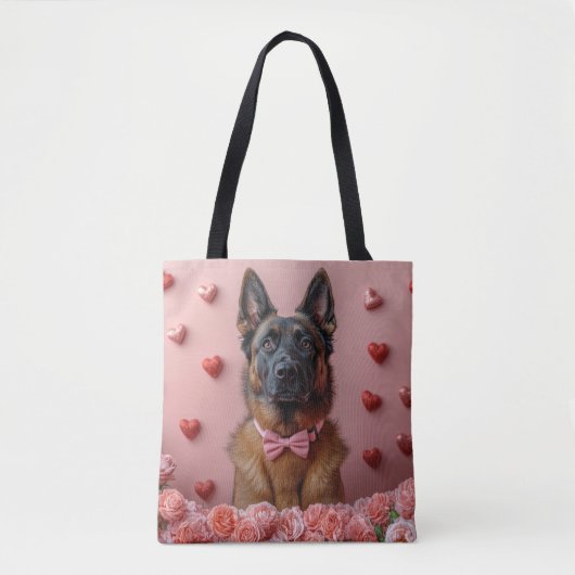 Belgian Malinois met Rozen - Valentijnsdag Tote Bag (Voorkant)