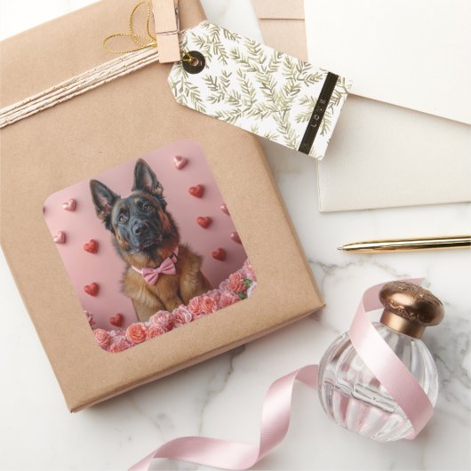 Belgian Malinois met Rozen - Valentijnsdag Vierkante Sticker (Geschenken)