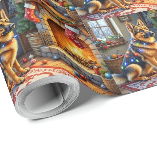 Belgian Shepherd Fireplace with Christmas Lights Cadeaupapier (Rol Hoek)