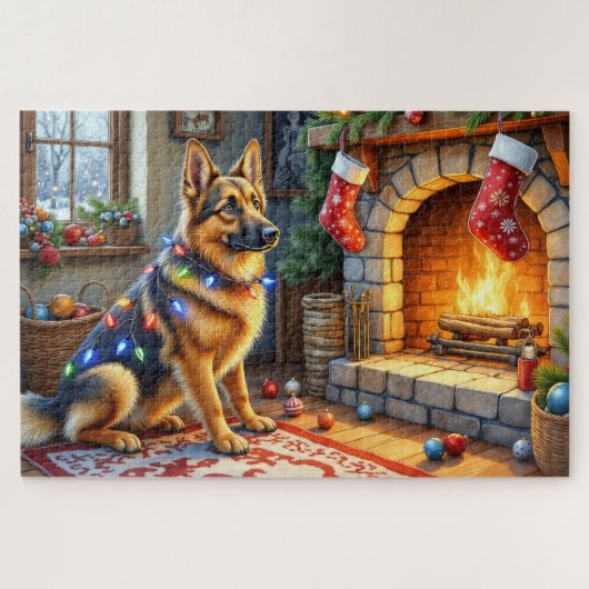 Belgian Shepherd Fireplace with Christmas Lights Legpuzzel (Horizontaal)
