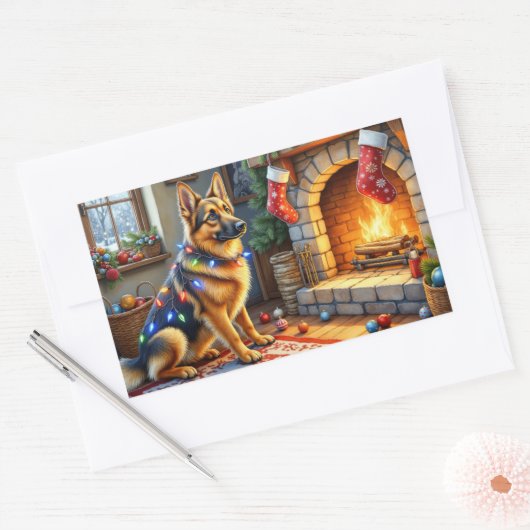 Belgian Shepherd Fireplace with Christmas Lights Rechthoekige Sticker (Envelop)