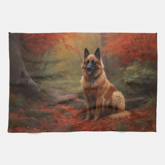 Belgian Shepherd in Autumn Leaves Herfst Inspire Theedoek (Horizontaal)