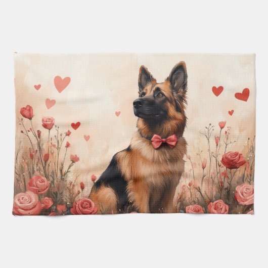 Belgian Shepherd met Rozen - Valentijnsdag Theedoek (Horizontaal)