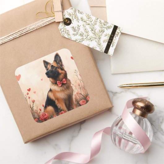 Belgian Shepherd met Rozen - Valentijnsdag Vierkante Sticker (Geschenken)
