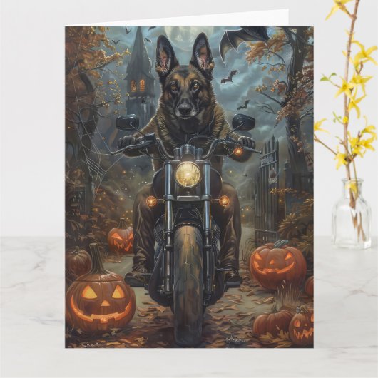 Belgian Shepherd Riding Motorcycle Halloween Scary Kaart (Gele Bloem)