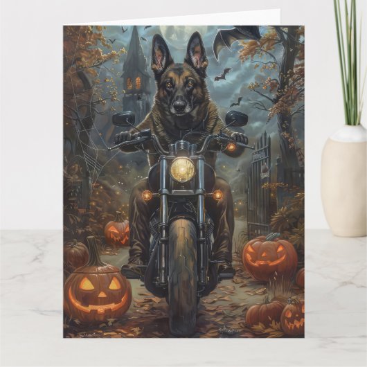 Belgian Shepherd Riding Motorcycle Halloween Scary Kaart (Voorkant)
