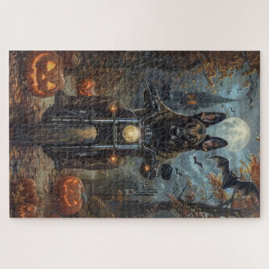 Belgian Shepherd Riding Motorcycle Halloween Scary Legpuzzel (Horizontaal)