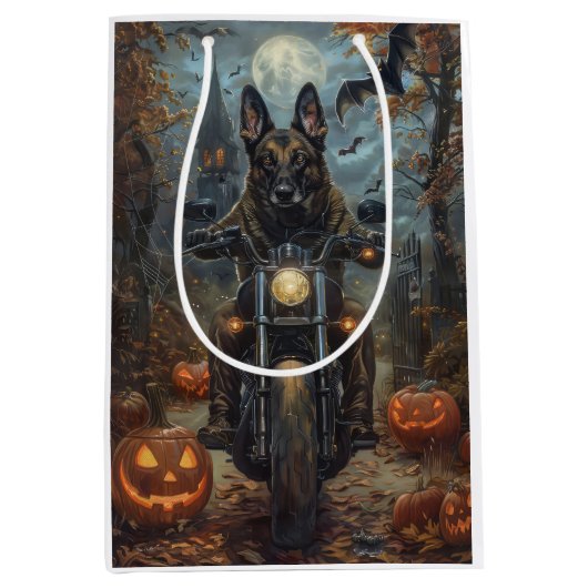 Belgian Shepherd Riding Motorcycle Halloween Scary Medium Cadeauzakje (Voorkant)