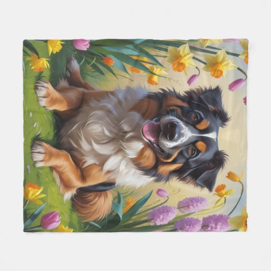 Belgian Shepherd Spring Bloemen Schilderij Fleece Deken (Voorkant (Horizontaal))