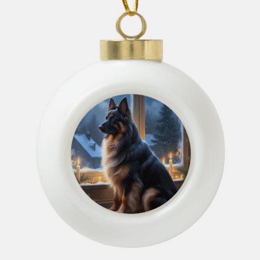 Belgian Shepherd With Christmas Lights Holiday Keramische Bal Ornament (Voorkant)