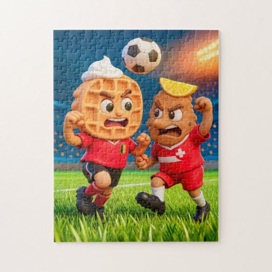 Belgian waffle versus Austrian schnitzel soccer du Legpuzzel (Verticaal)