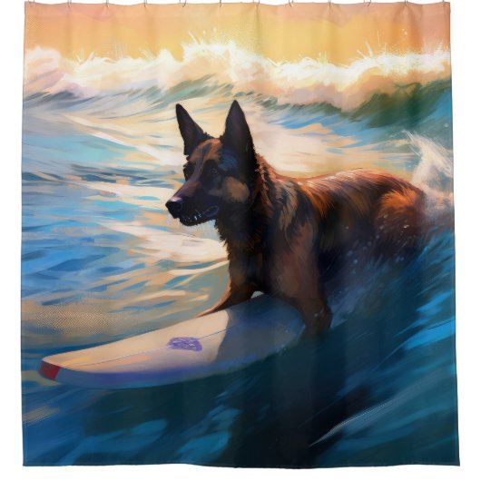 Belgisch Herder Strand Surfen Schilderij Douchegordijn (Voorkant)