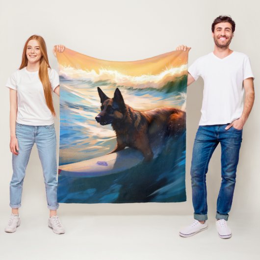 Belgisch Herder Strand Surfen Schilderij Fleece Deken (In situ)