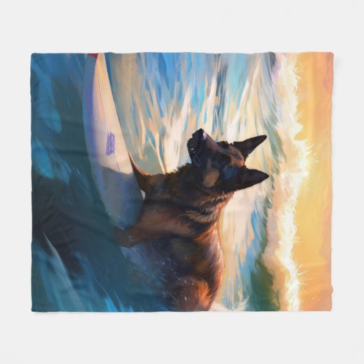 Belgisch Herder Strand Surfen Schilderij Fleece Deken (Voorkant (Horizontaal))