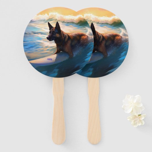 Belgisch Herder Strand Surfen Schilderij Handwaaier (Voorkant en achterkant)