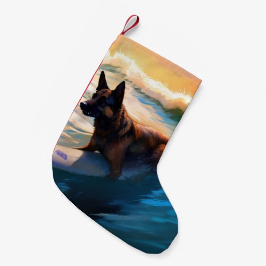 Belgisch Herder Strand Surfen Schilderij Kleine Kerstsok (Voorkant (Hangend))