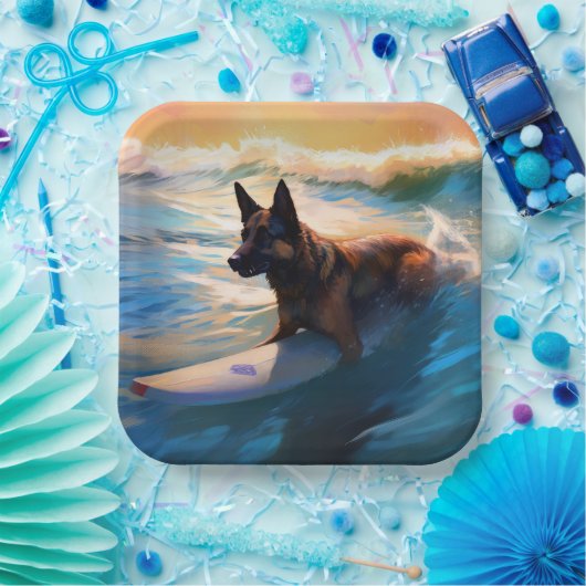 Belgisch Herder Strand Surfen Schilderij Papieren Bordje (Feest)