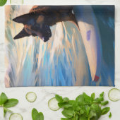 Belgisch Herder Strand Surfen Schilderij Theedoek (Gevouwen)