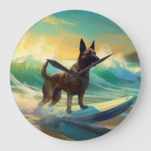 Belgisch Malinoi Strand Surfen Schilderij Grote Klok (Voorkant)
