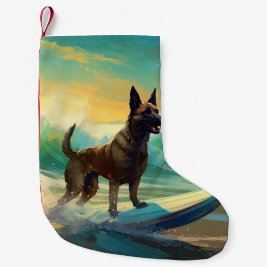 Belgisch Malinoi Strand Surfen Schilderij Kleine Kerstsok (Voorkant)