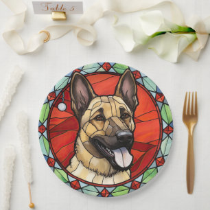 Belgisch Malinois Glas in lood Kerst Papieren Bordje