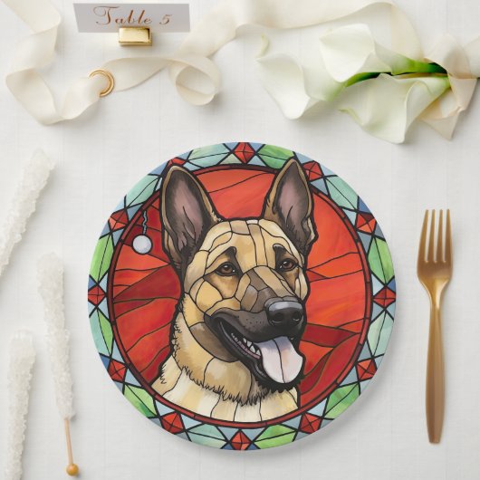 Belgisch Malinois Glas in lood Kerst Papieren Bordje (Huwelijk)