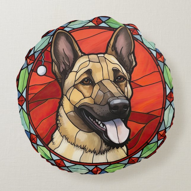 Belgisch Malinois Glas in lood Kerst Rond Kussen (Achterkant)