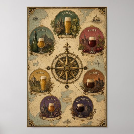 Belgische Bierstijlen Kompas Muurposter Poster (Voorkant)