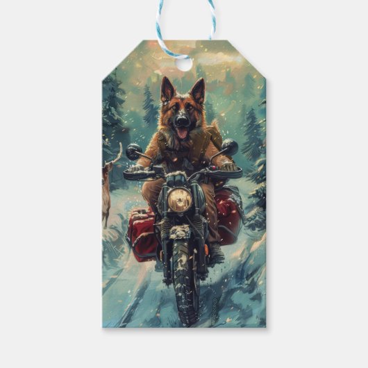 Belgische Herder Hond Rijden Motorfiets Kerstmis Cadeaulabel (Voorkant)