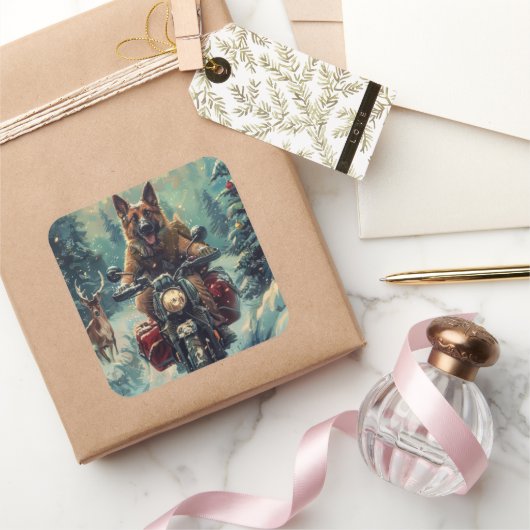 Belgische Herder Hond Rijden Motorfiets Kerstmis Vierkante Sticker (Geschenken)