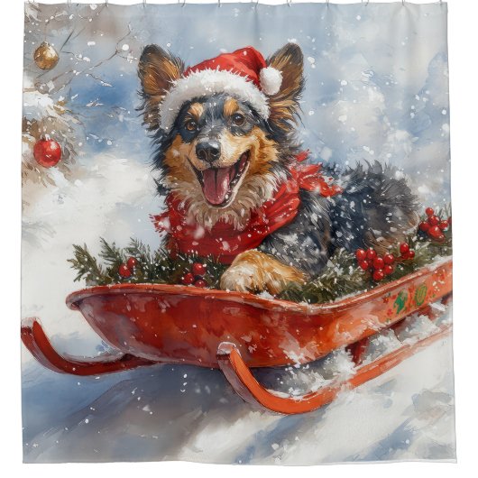 Belgische herder in slee laat het sneeuwen Kerstmi Douchegordijn (Voorkant)