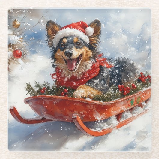 Belgische herder in slee laat het sneeuwen Kerstmi Glazen Onderzetter (Voorkant)