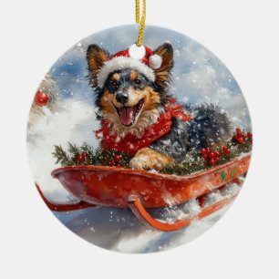 Belgische herder in slee laat het sneeuwen Kerstmi Keramisch Ornament