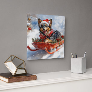 Belgische herder in slee laat het sneeuwen Kerstmi Vierkante Klok