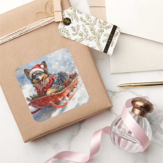 Belgische herder in slee laat het sneeuwen Kerstmi Vierkante Sticker (Geschenken)