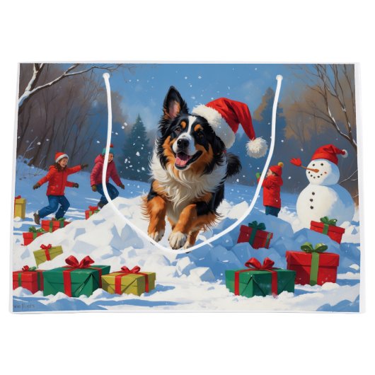 Belgische Herder Kerstfeest Sneeuwscène Groot Cadeauzakje (Voorkant)