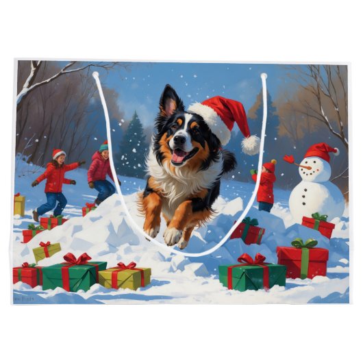 Belgische Herder Kerstfeest Sneeuwscène Groot Cadeauzakje (Achterkant)