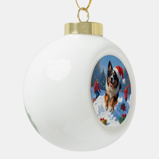 Belgische Herder Kerstfeest Sneeuwscène Keramische Bal Ornament (Links)