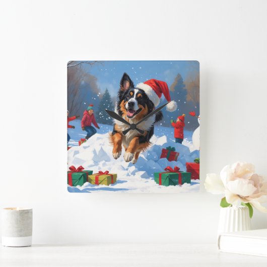 Belgische Herder Kerstfeest Sneeuwscène Vierkante Klok (Huis)