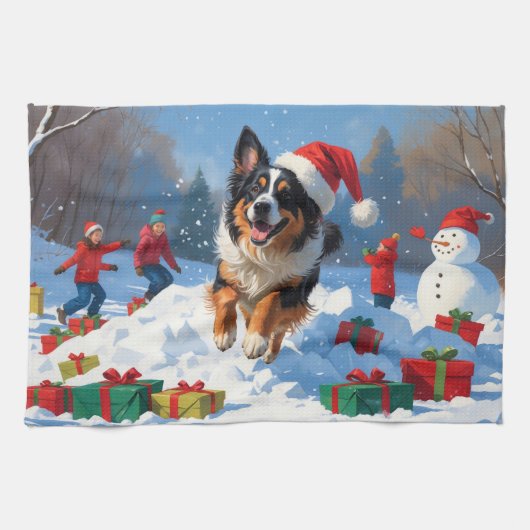 Belgische herder Kerstmis Sneeuwlandschap Theedoek (Horizontaal)