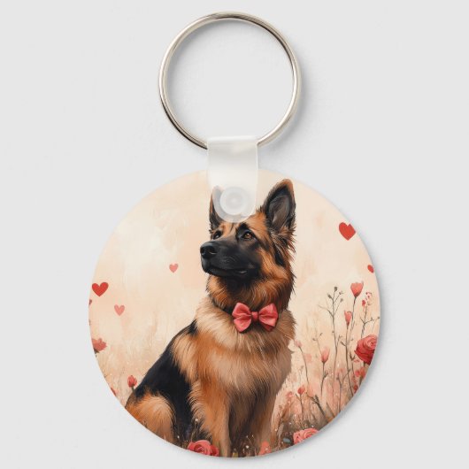 Belgische Herder met Rozen - Valentijnsdag Sleutelhanger (Voorkant)